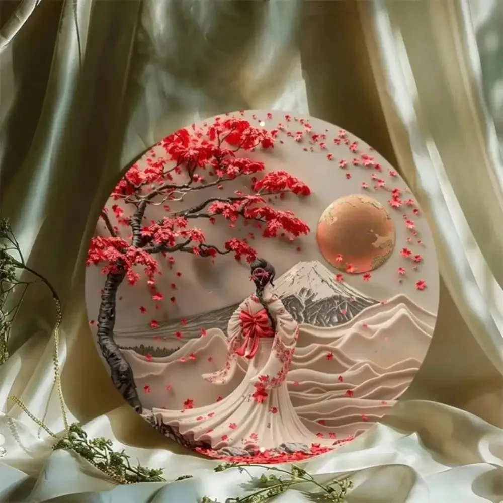 Elegant Japanese Kimono Woman Cherry Blossom Aluminum Metal Wall Art - Premium Home Decor