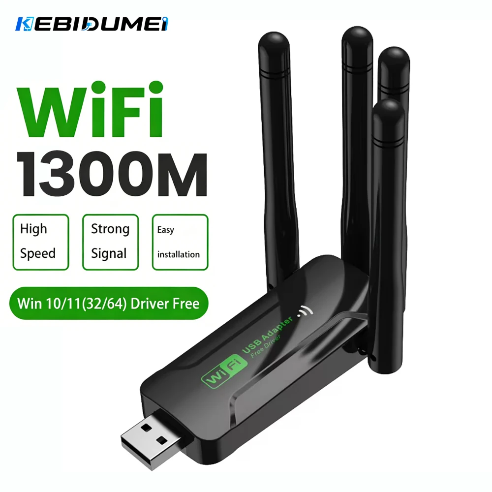 

KEBIDUMEI 1300Mbps WiFi USB Adapter Dual Band 2.4G/5Ghz WiFi Dongle 4 Antenna USB3.0 High-Speed Wireless Card Receiver PC Laptop