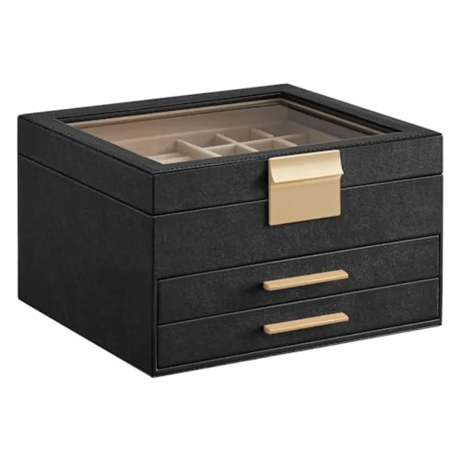 

Jewelry Box Organizer with Glass Lid 3-Layer Jewelry Storage with 2 Drawers Modern Style 8 x 9.1 x 5.3 Inches Graphite Black an