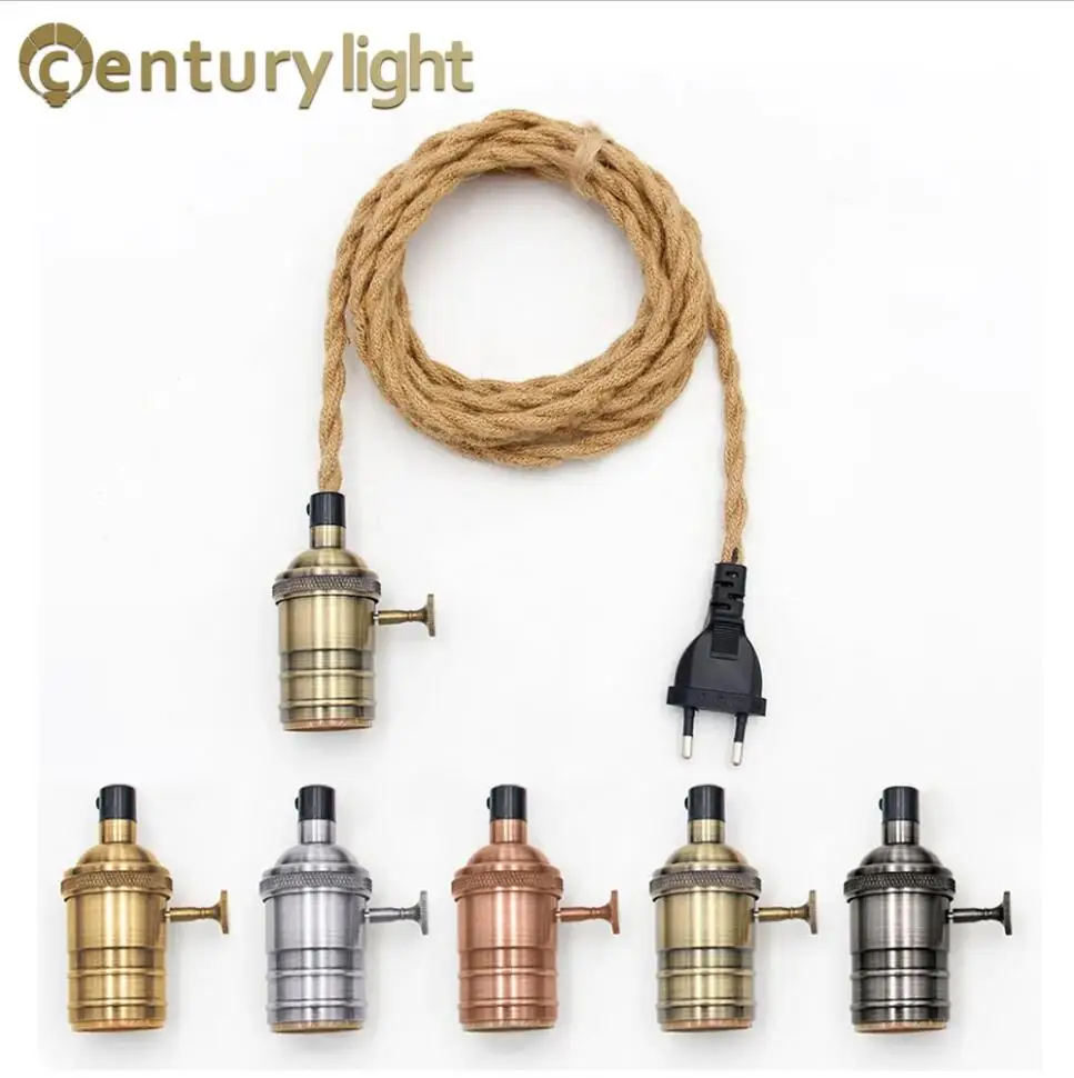 EU Plug Twisted Hemp Rope Power Cord E26 E27 Edison bulb Socket 2 Meters Hanging Light Cable For Retro Industry Pendant Light