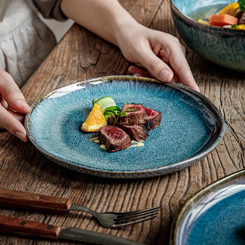 Flame-Killed Blue Ceramic Plate Retro Dessert Snack Plate Steak Plate Thick Soup Bowl Salad Bowl Pasta Bowl Restaurant Tableware