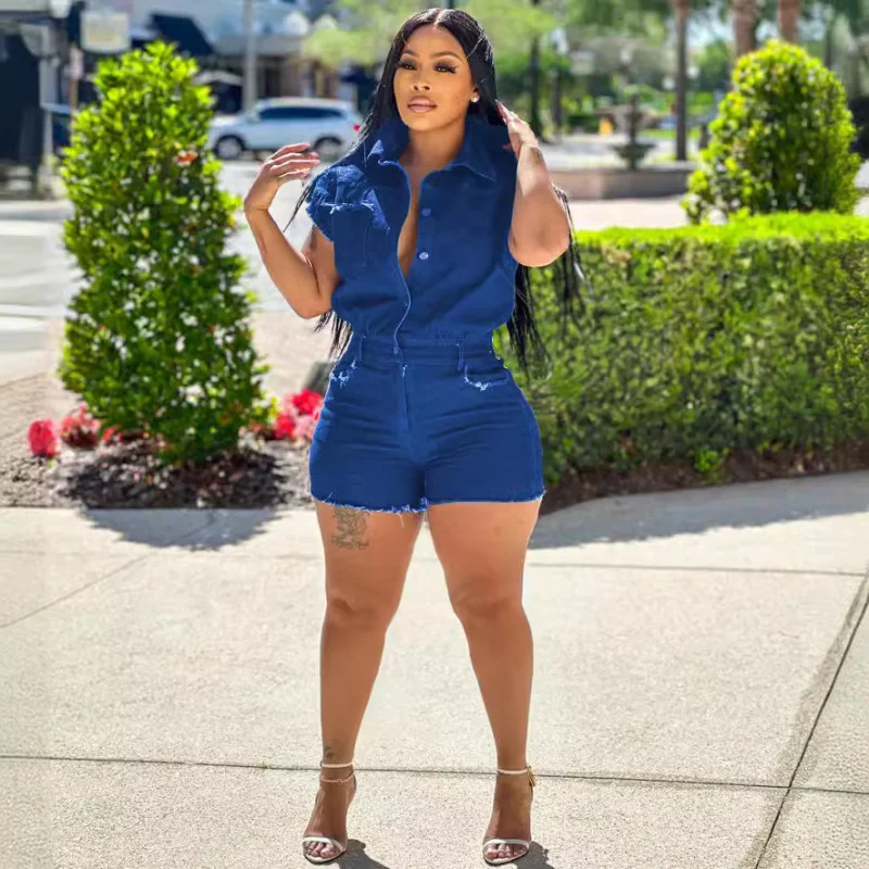 

Trendy Women's Elastic Waisted Denim Jumpsuit Summer Street Sexy Stretchy Casual Romper for Ladies