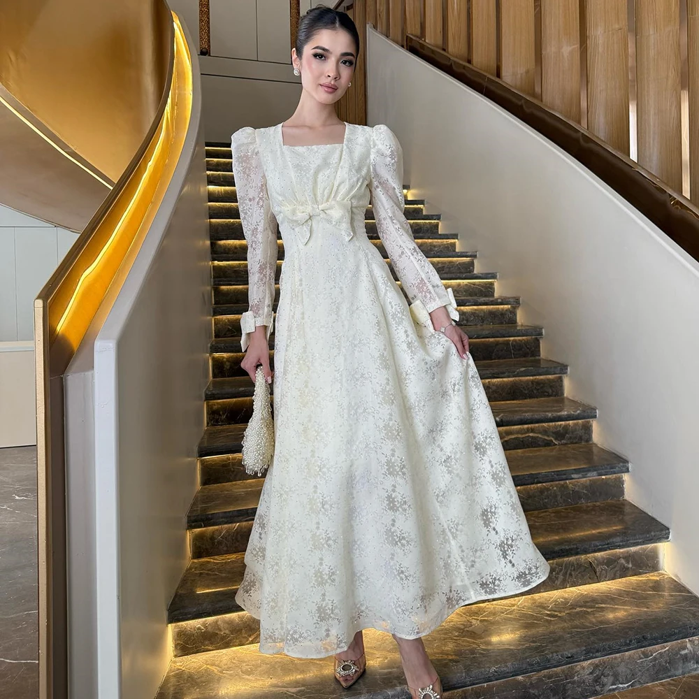 

Customized Beige Square Collar Lace Evening Dress ILLUSION Full Sleeves With Bow Party Dress A-line Ankle Length Prom Gown