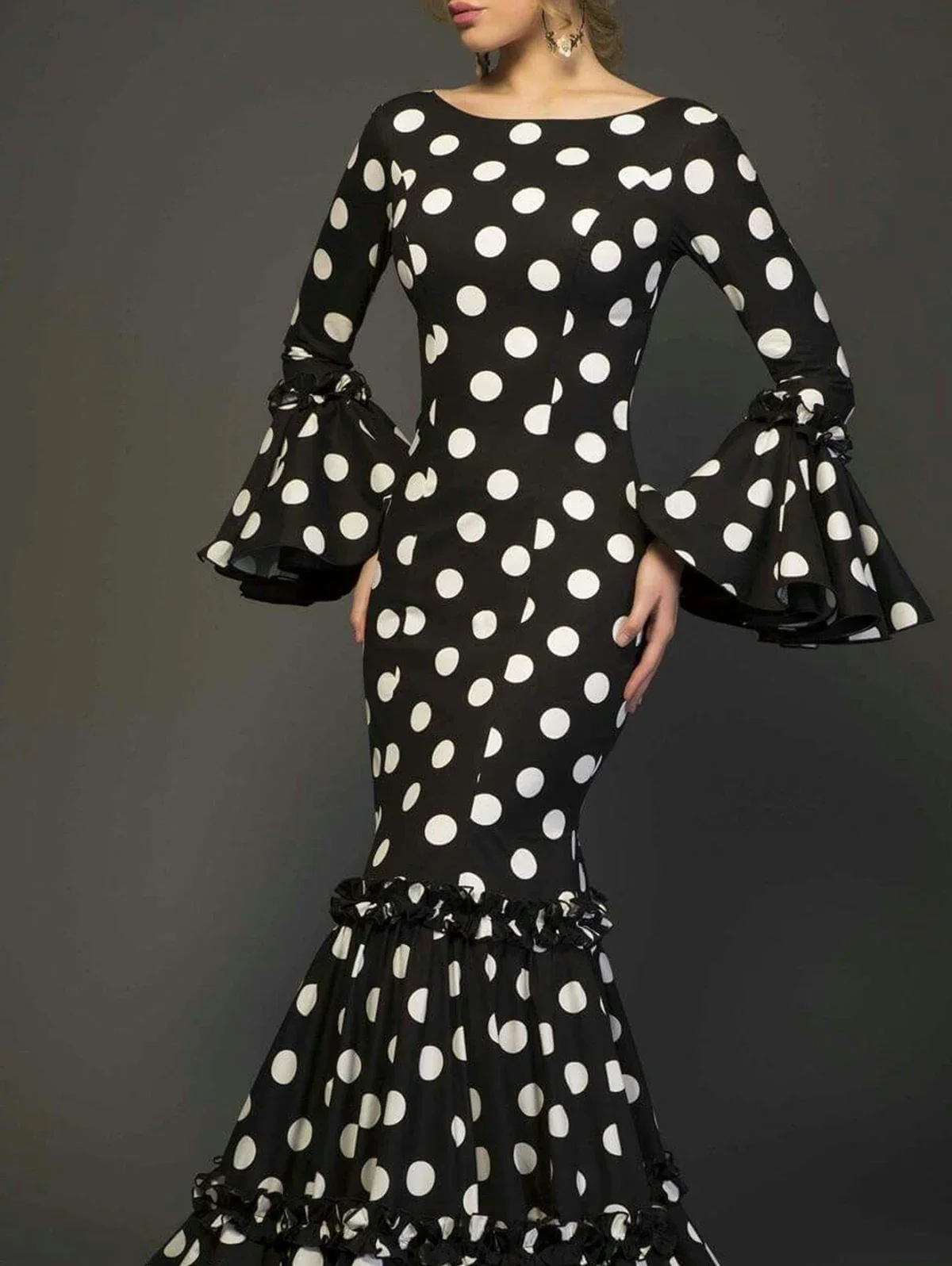 Elegant Ladies Dress Fashionable Trumpet Sleeves Polka Dot Decoration Cascading Ruffle Hem Sexy Fishtail Ladies Evening Dress