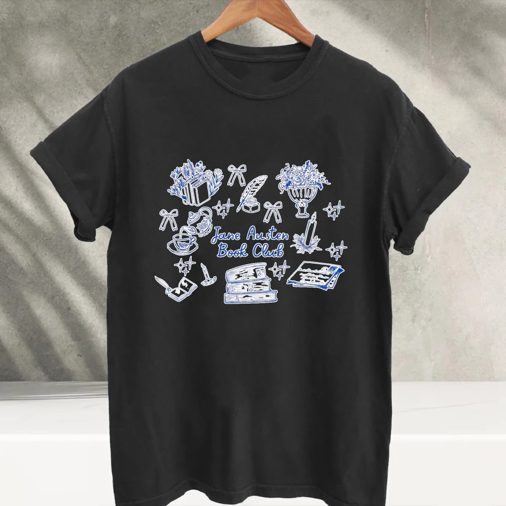 Jane Austen Book Club Vintage Graphic Cotton T-Shirt Men Literary Bookworm Blue Line Art Print  Casual Cotton Literature Lover