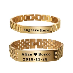 Acheerup Personalized Thick Watch Chain Men Bracelet Engrave Name Date Stainless Steel Bangle Gold Color Punk Jewelry Male Gift