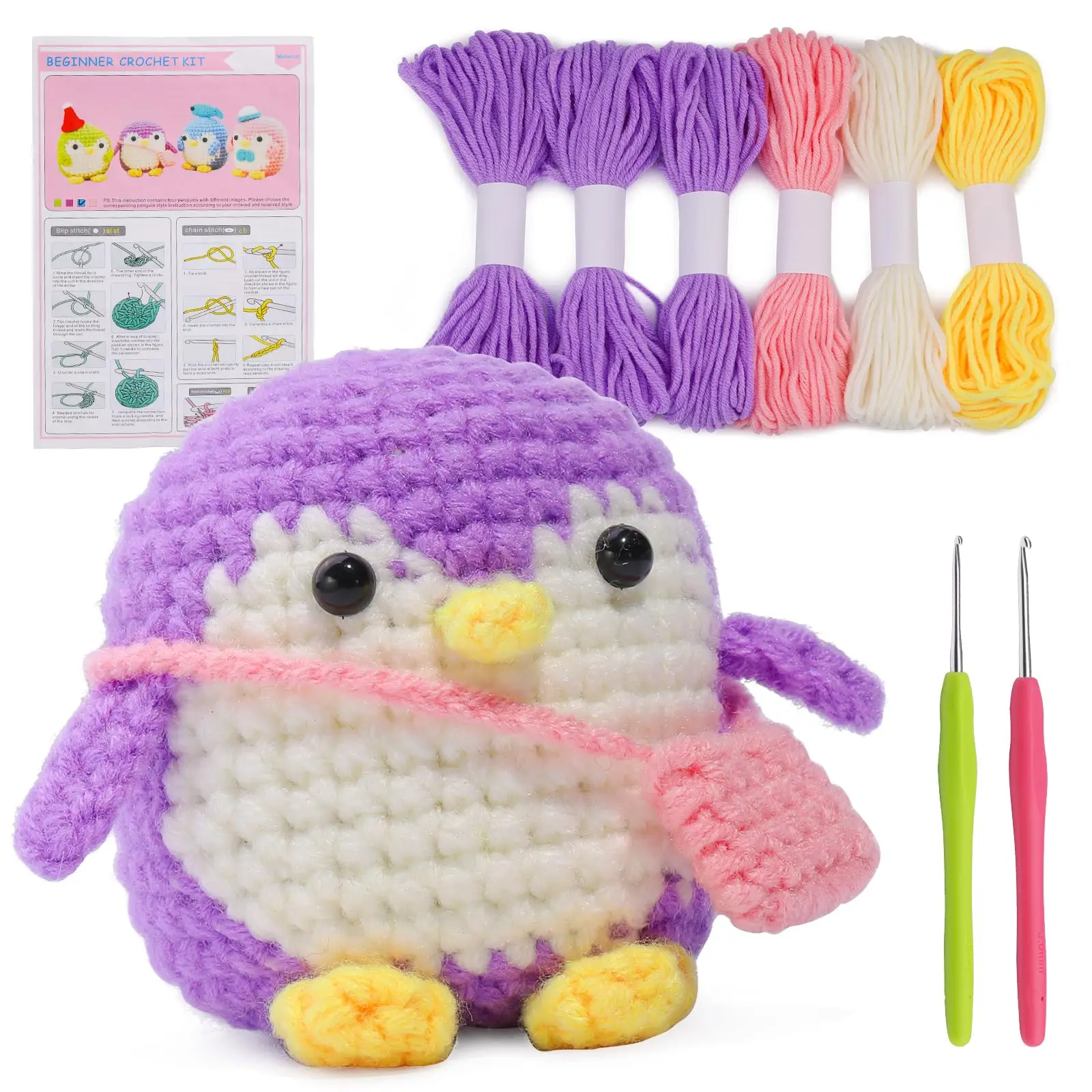 

1Set Penguin Crochet Kit Cotton Knitting Yarn Thread Needles Hook Knit Tool Set DIY Craft For Beginners With Video Tutorial