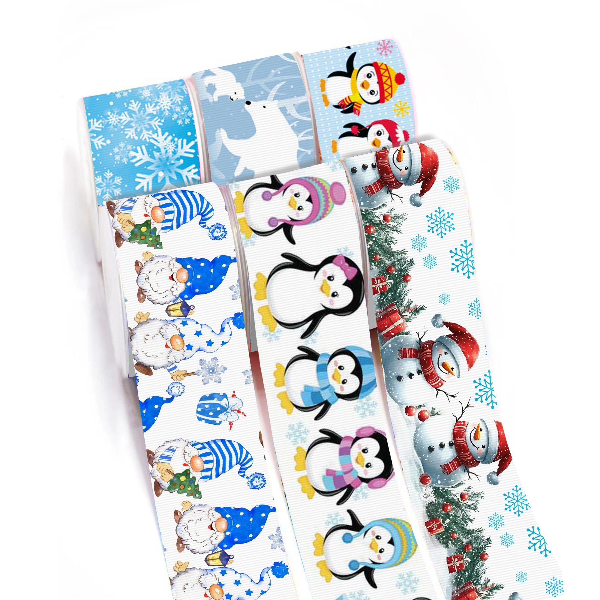 1 Rollo de Cinta de Grosgrain Estampada de 1 Pulgada/25 mm x 5 Yardas/rollo, Serie Azul, Pingüino, Oso, Muñeco de Nieve