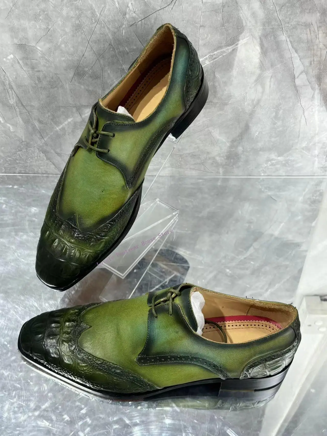 

Fashion Brogues Man Green Genuine Leather Shoes Male Slip On Spring Autumn Party Wedding Casual Loafer Shoes