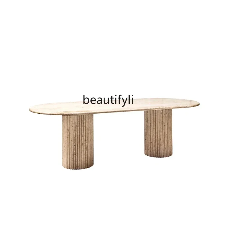 A26 French Cream Light Luxury Marble Oval Dining Table Wabi Sabi Roman Travertine Home Restaurant a16