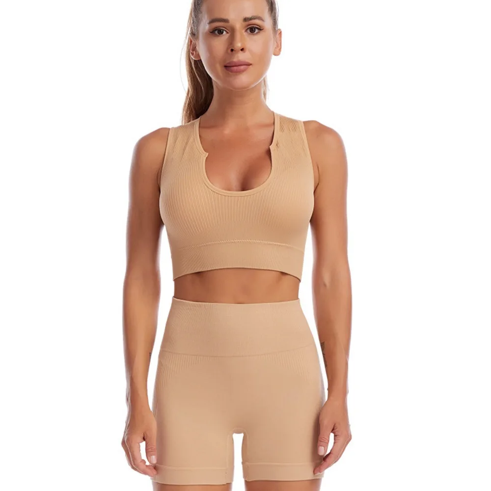 Nylon Women Yoga Suit Rib-Knit Without Pad Suspenders Shorts Suit Breathable Stretchable Workout Bra Shorts Set Sports Underwear