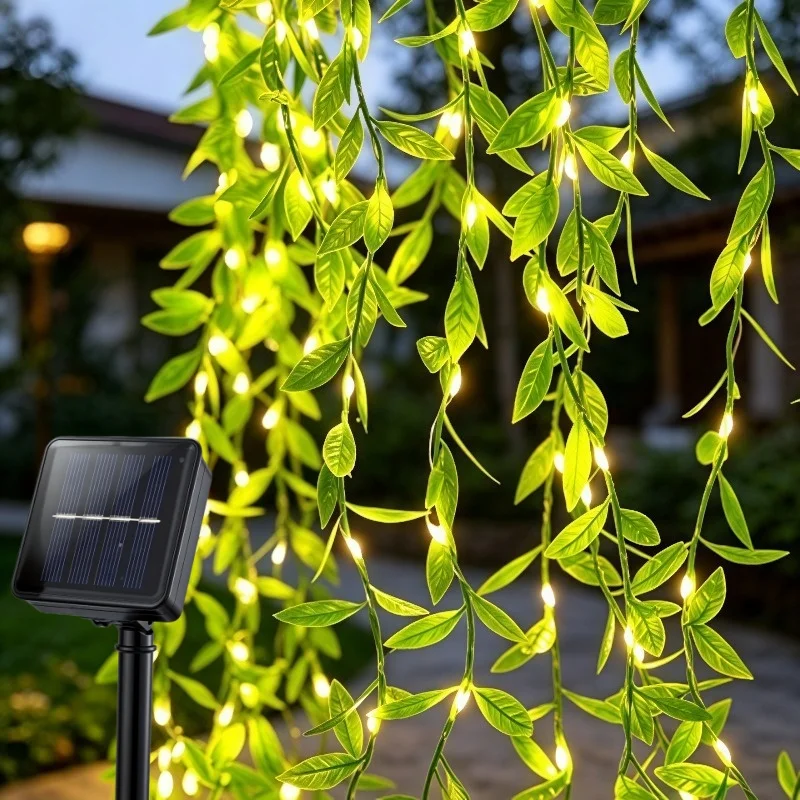Willow Leaf String Lights,Willow Green Faux Plant Light String,Solar Powered,Suitable for Courtyard,Party, Garden and Christmas