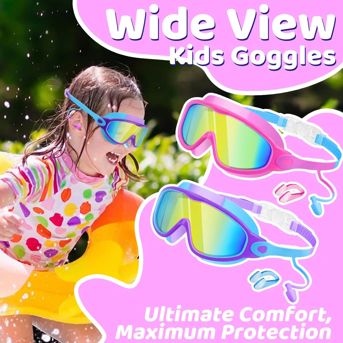 Easy Adjust Kids Swim Goggles, One-Button Design for Long Curly Hair, Anti-Fog UV Protection Leakproof Goggles for Young Swimmers view 2