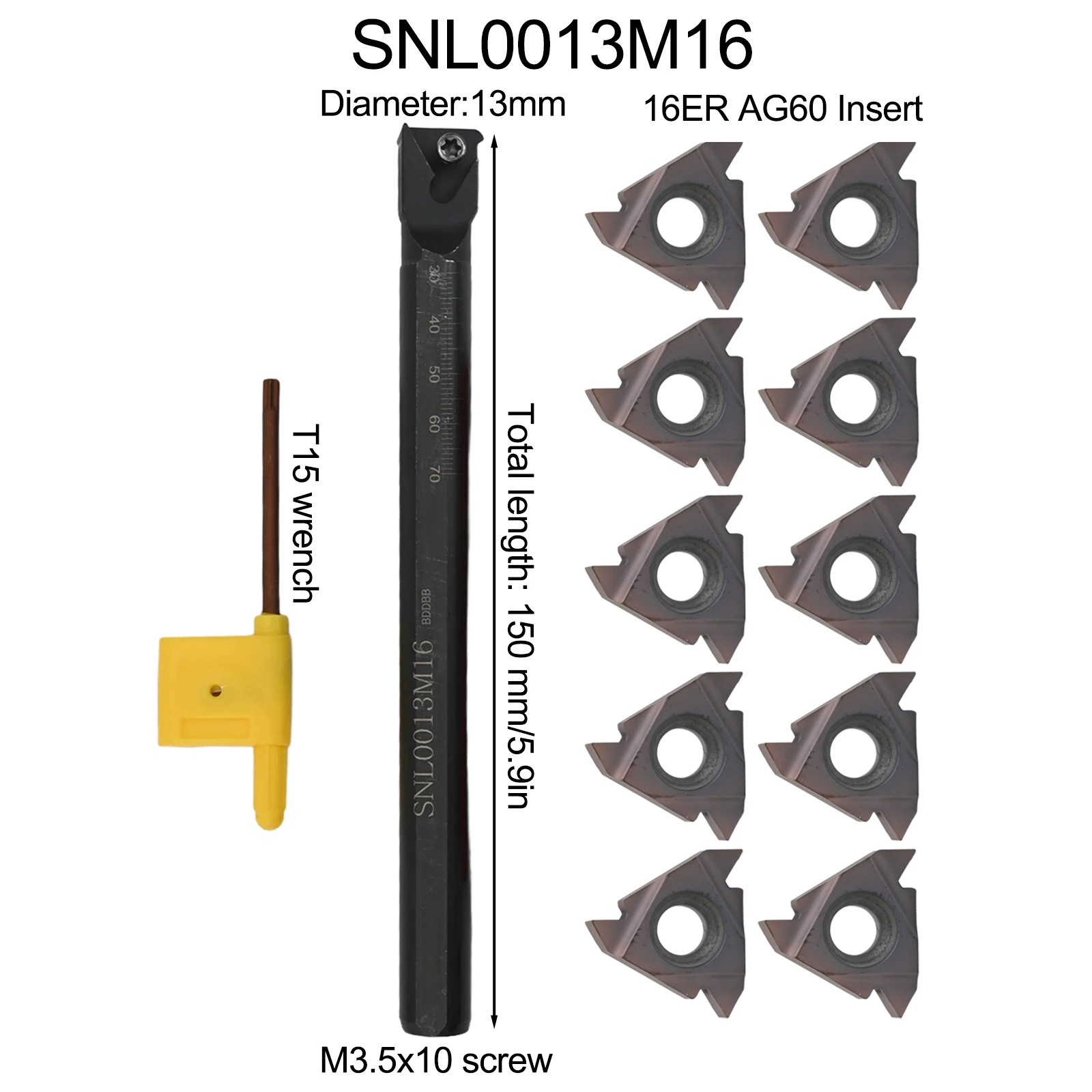 SNL0013M16 Left Hand CNC Tool + Ten Carbide Inserts (Model 16ER AG60) Designed for Impact Resistance and for advantage