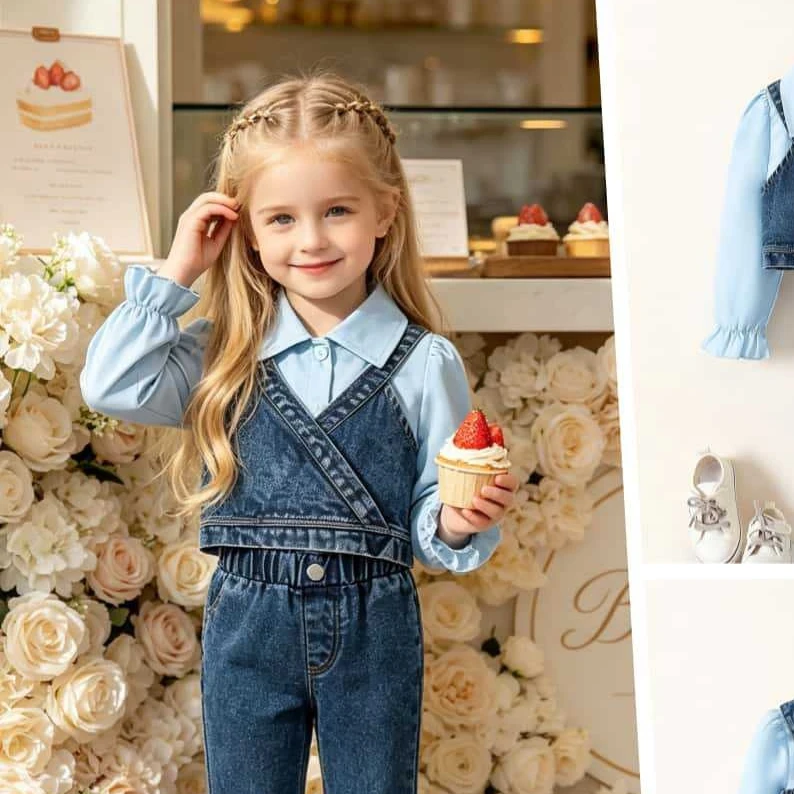 2026 New Fall Girls Creative New Lapel Shirt Denim Vest Beaded Beautiful Denim Flare Pants Soft Cute American Style