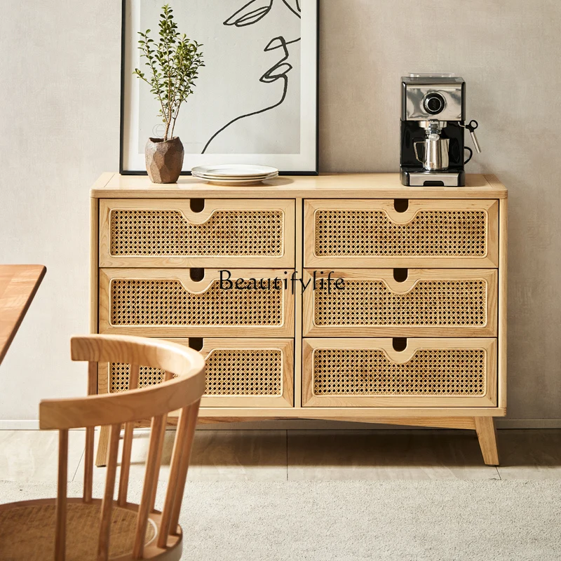 Solid Wood Rattan Chest of Six Drawers Simple Modern Living Room Drawer Four Bucket Locker