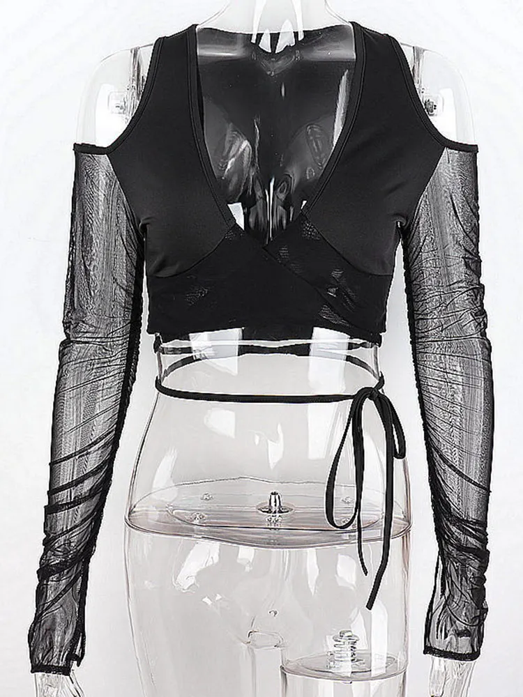 Seksowne czarne krótkie bluzki Streetwear moda damska 2024 zasznurować bandaż V Neck wycięte t-shirty z długim rękawem