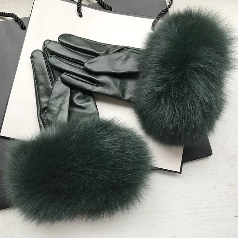 Dark Green Sheepskin Gloves Elegant Soft Real Leather Windproof Warm For Women Fluffy Big Fox Fur Lambskin Gloves Drive Outdoor