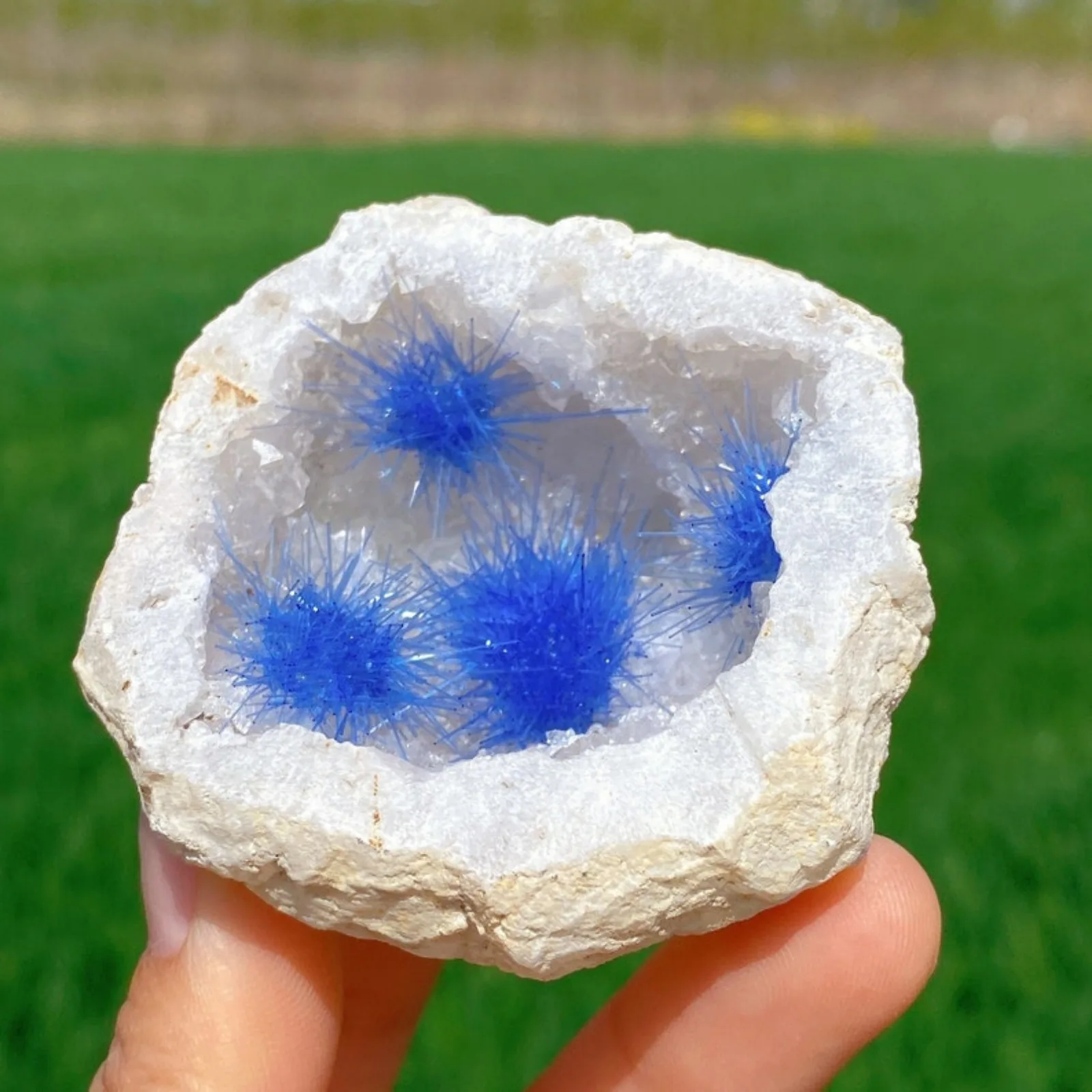An agate vein containing clusters of azurite, lithium and quartz crystals, suitable for decoration or as a crystal gift.