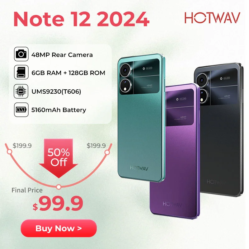 New HOTWAV Note 12 2024 Smartphone Android 14.0 5160MAH Cellphones 6+128GB 48MP+16MP+0.08MP Camera 6.8