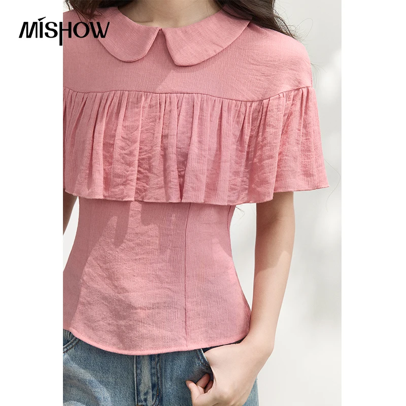 MISHOW Pink Doll Neck Cloak Shirt For Women Summer 2026 Solid Color Ruffle Edge Design Fashion Slimming Gentle Blouse MXF26X2711