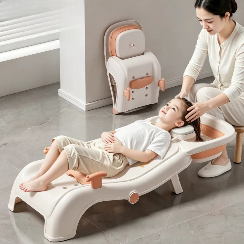 Adjustable Children Shampoo Chairs with Shampoo Basin Foldable Bath Seat Bathtub Comfort Cartoon Pattern Salon and Spa Furniture
