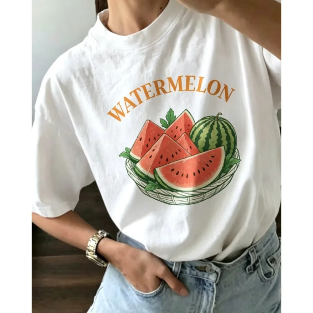 Women Vintage Watermelon Basket Print T‑Shirt Casual Loose Crew Neck Short Sleeve Fruit Aesthetic Summer Tee Tops