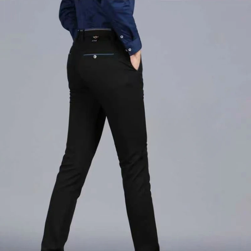 Classic Slim Fit Dress Pants for Men with High Stretch High Waist Elastic, Perfect for Office Business Formal Wear in Black Blue