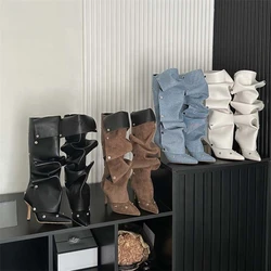 Women Knee High Boots for woman's Pointed Toe Strange Heels Botas Mujer 2024 Pleated Metal Buttons Show Shoes