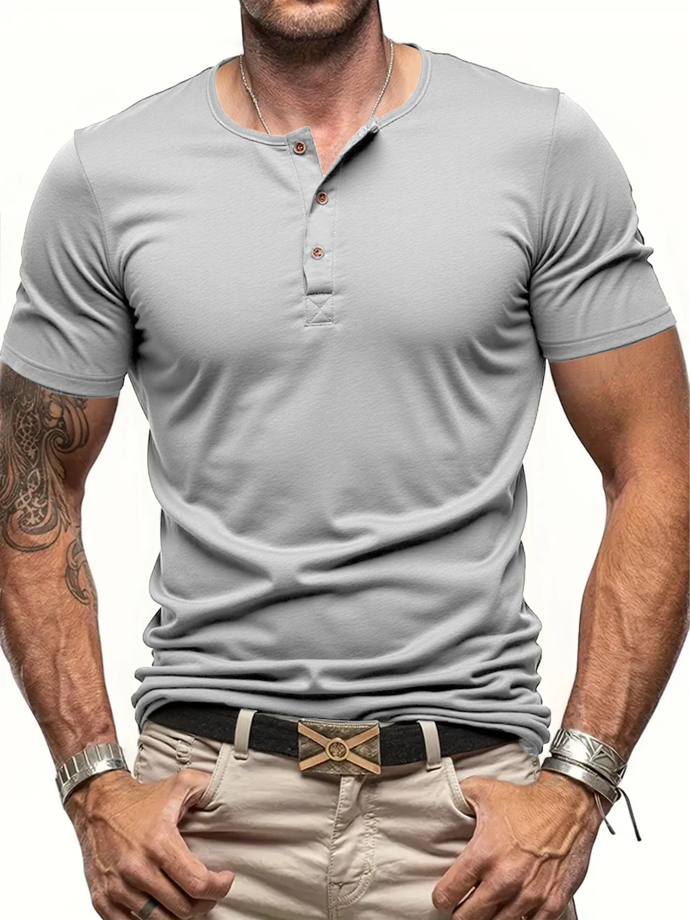 NONE Herren-Oberteil, langärmelig, Henley, V-Ausschnitt, leicht, kurze Ärmel, lässig, Baumwolle, schmale Passform, Basic, locker, Fitness, Sport, atmungsaktiv 5