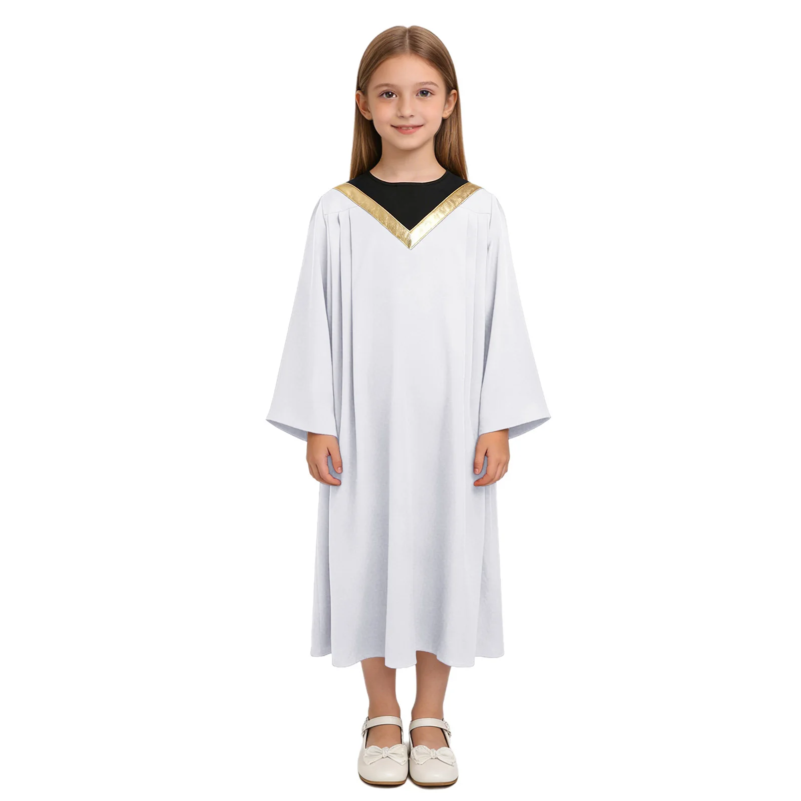 

Kids Church Choir Performance Gown Outfit Contrast Color Round Neck Flared Sleeves Back Zipper Metallic Robe Modern Dancewear