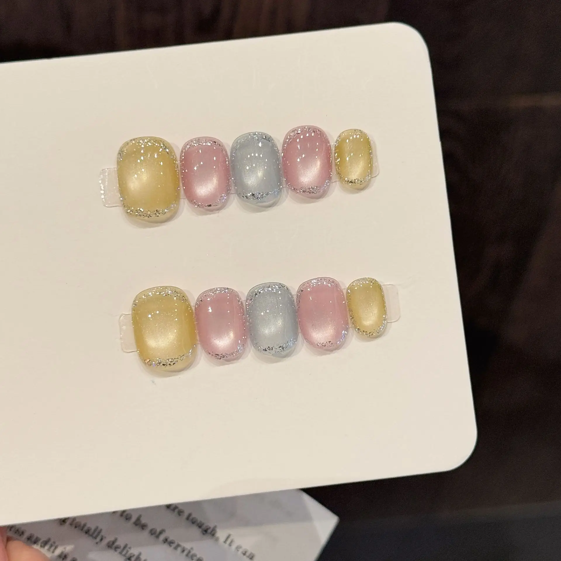 

10pcs Pure Hand Pressed Square/Round Nail Art,Nice Fake Nails,Colorful Summer, Pink, Gold And Silver Contrast，Ideal For Women