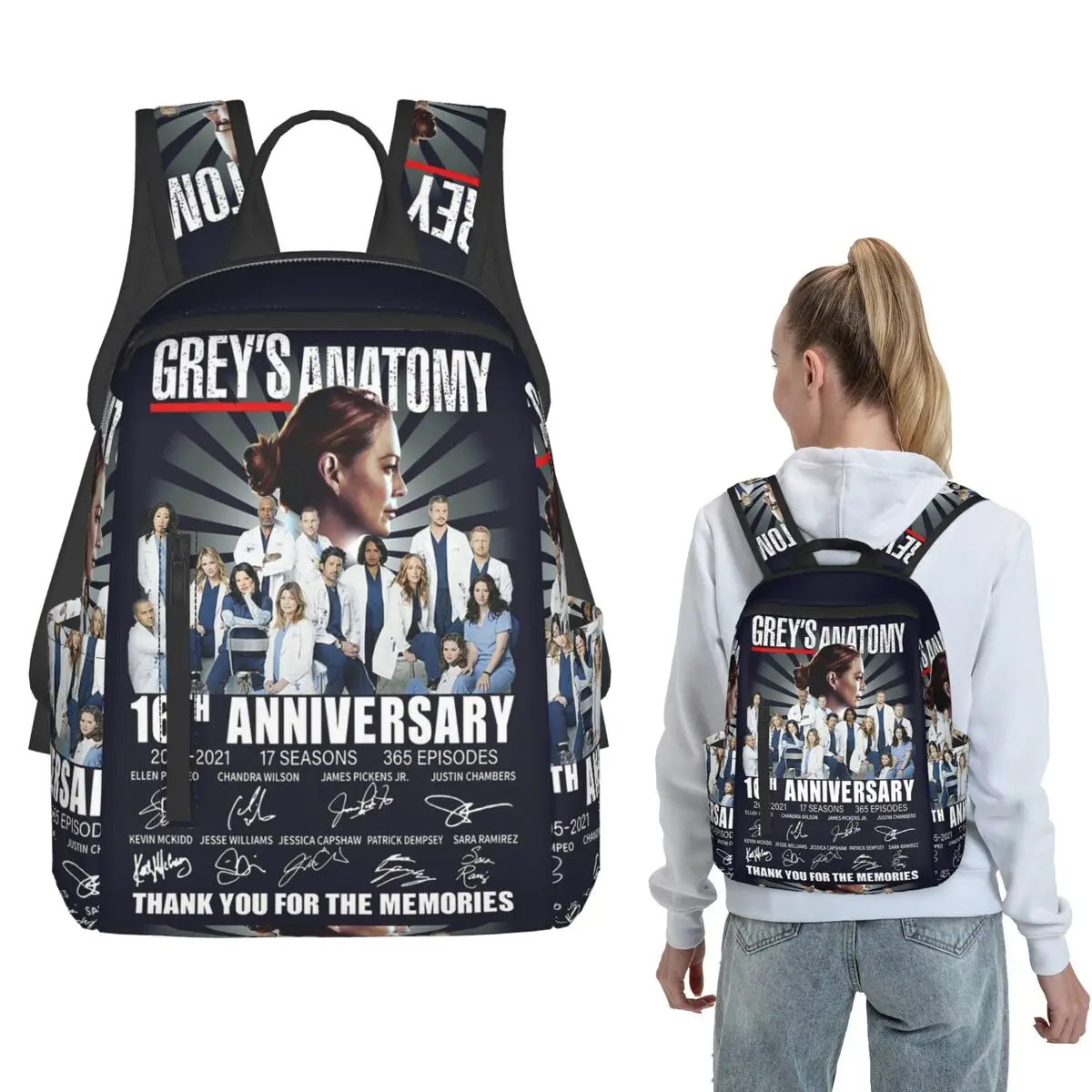 Greys Anatomy Anniversary Seasons Signatures Thank You For The Memories Backpack Daypack Boys Girls BookBag School Bag Shoulder