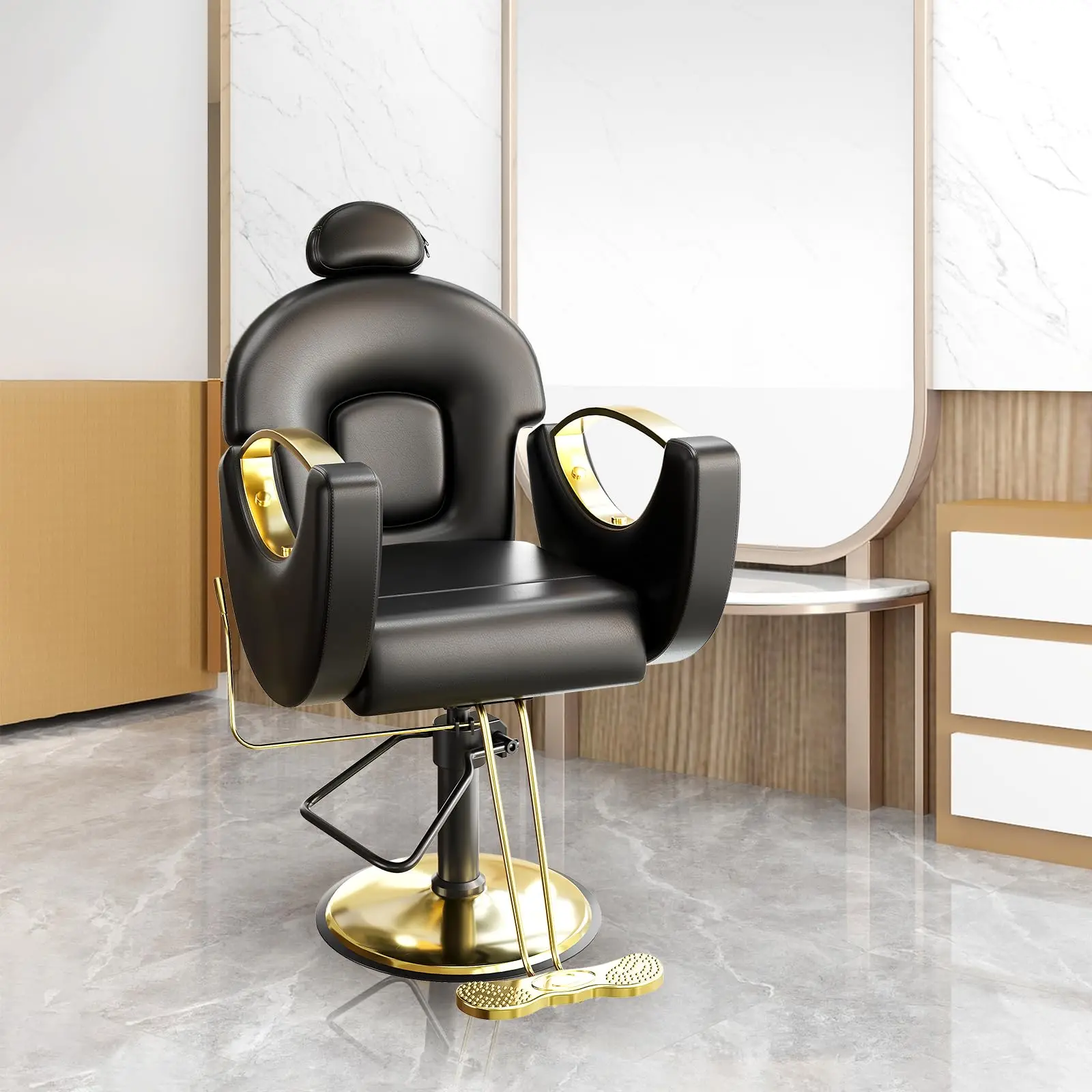 Reclining Barber Chair, 360° Swivel Lock Hydraulic Salon Styling Chair, 130° Recline, PU Leather, Metal Arms