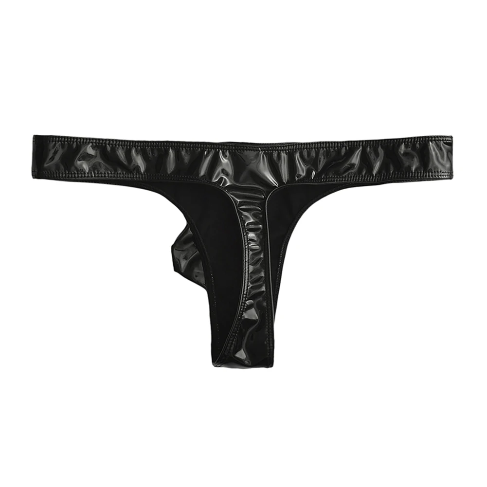 Sexy Man's Imitation Leather Stretch G-string Underwear Pouch Thong Sissy Briefs Low Waist T-back Lingerie Shorts