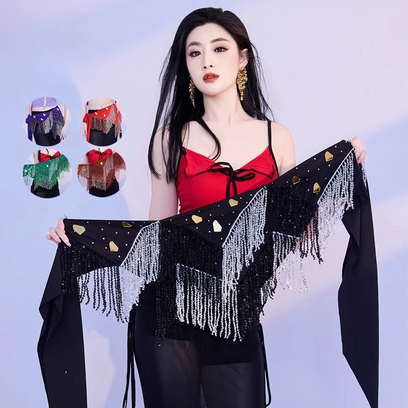 Cintura da performance di danza del ventre per donna, catena in vita, sciarpa sui fianchi, triangolo con frange, accessori per concorsi di danza orientale tribale