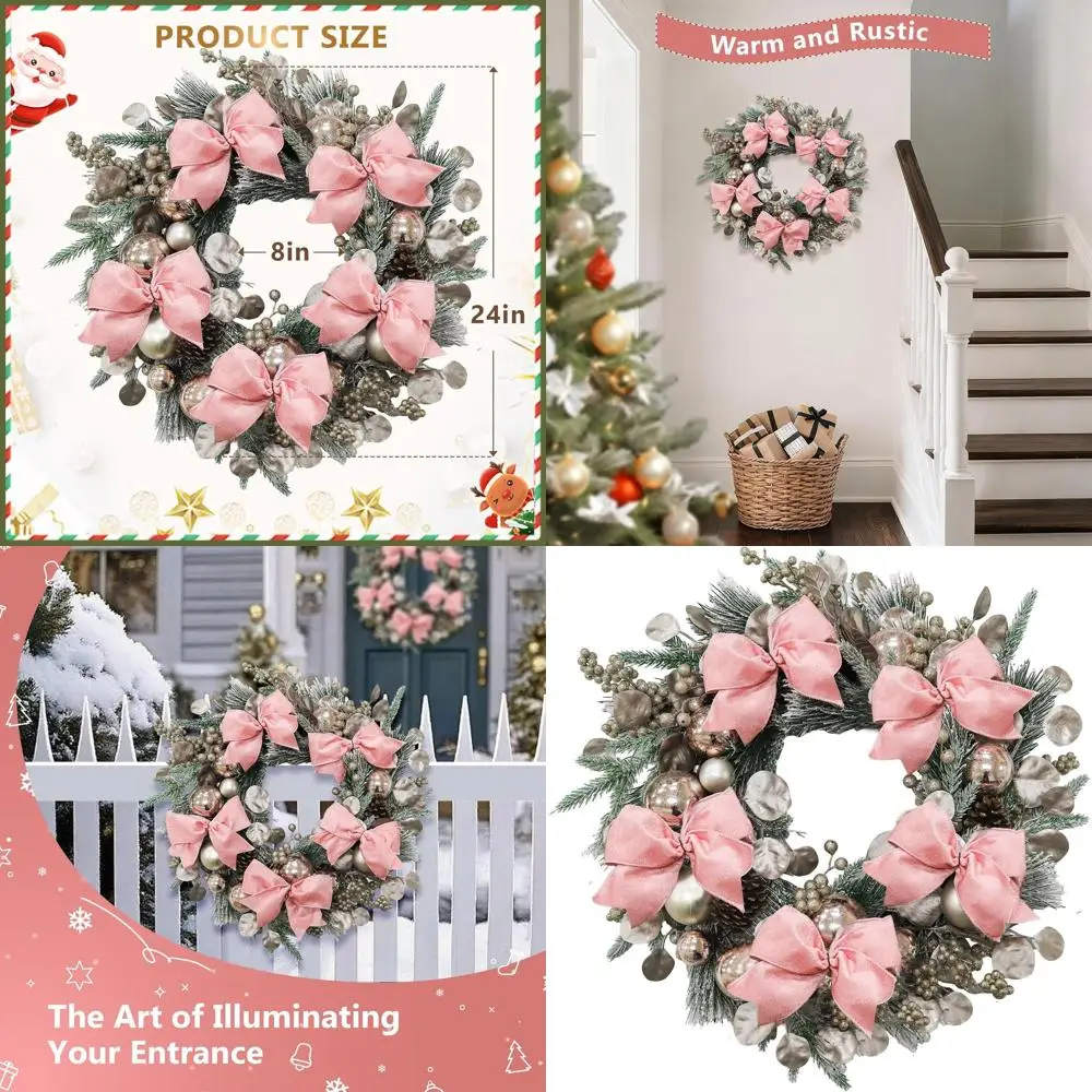 

Искусственный рождественский венок с розовыми бантами, натуральными сосновыми шишками и золотыми ягодами для праздничного украшения входной двери