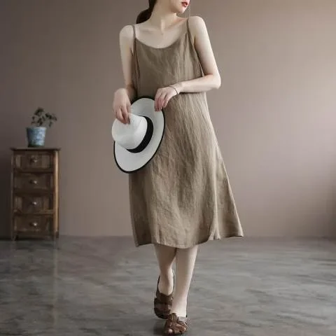 Cotton and linen solid color dress T loose linen sling inside slim belly vest A-line skirt