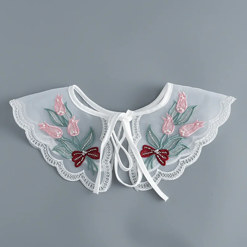 

Sweet Floral Embroider Fake Collar for Women's Shirt Dress Sweater Detachable Collar Ladies Bowknots Neckwear Small Cape Shawl