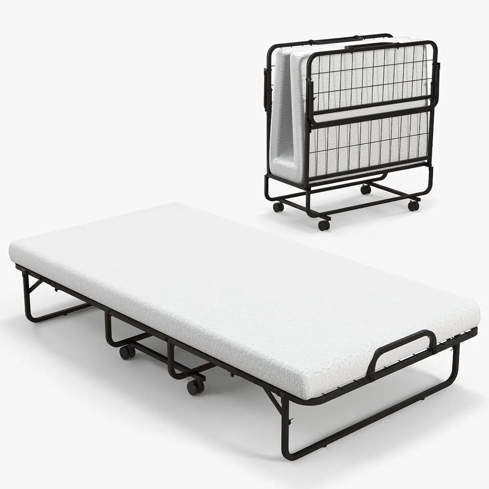 Portable Twin Size Rollaway Bed with 4 Memory Foam Mattress and Metal Frame for Guest Room & Office