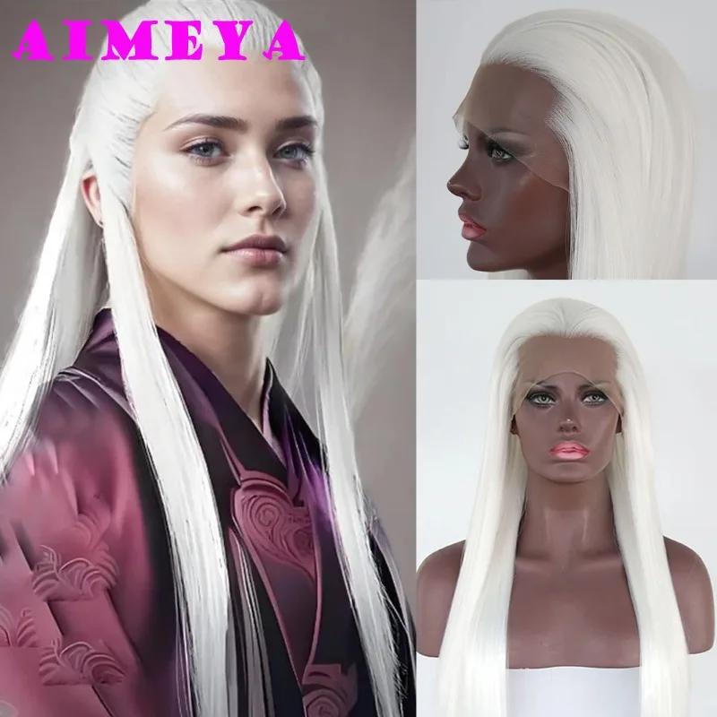 AIMEYA White Cosplay Wig Widow\'s Peak Synthetic Lace Front Wig Long Silky Straight Synthetic Lace Wigs Asian Ancient Costumes