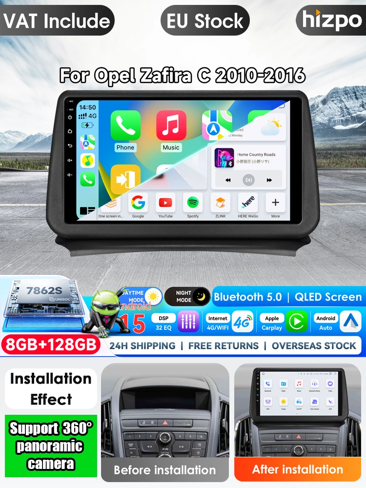 Samochodowy odtwarzacz multimedialny z funkcją wyświetlania wideo do modelu Opel Zafira C (roczniki 2010, 2011, 2012, 2013–2016). Radio samochodowe z nawigacją GPS, ekranem QLED, systemem 2 DIN, — 2