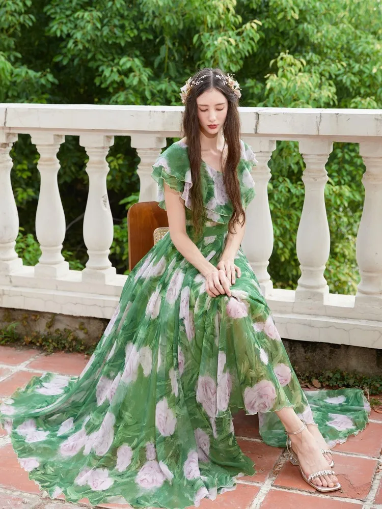 A new fashionable green long skirt with hemline reaching the ankles