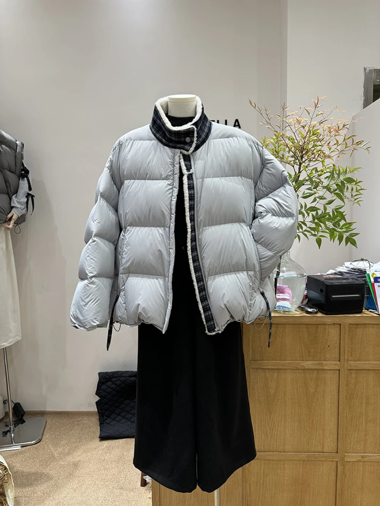 90 piumino da donna con colletto spesso in piumino d'anatra bianca in autunno e inverno, versatile giacca in colore a contrasto