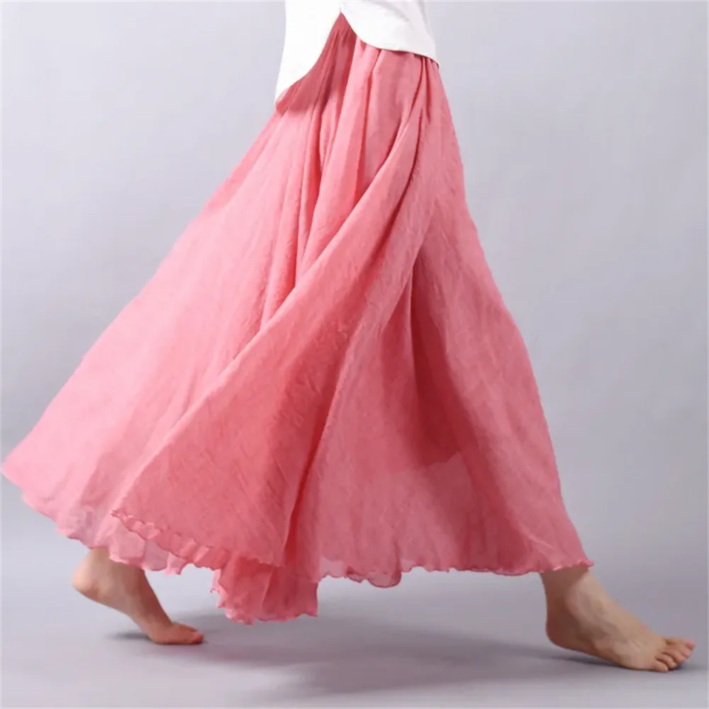 Womens Casual Elastic High Waist Pleated A-Line Beach Skirts High Quality Cotton Linen Boho Saia Feminina Maxi Skirt