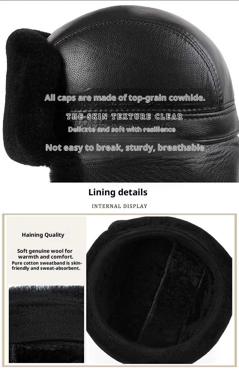 Genuine Wool Cowhide Leather Ushanka Hat for Men Winter Warm Ear Flap Trapper Hat for Dad Grandpa Premium Luxury Gifts