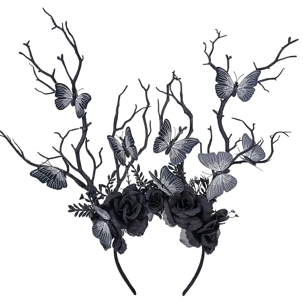 

Black Butterfly Branch Headband - Handmade Dark Woodland Hairband Gothic Forest Tree Crown for Women Girls Cosplay Renaissan