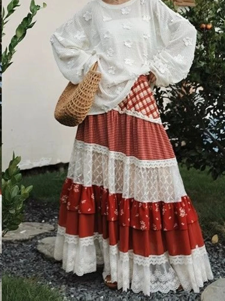 Autumn French Fashion Y2K Vintage Pastoral Style Skirts Women Slim Plaid Print A-Line Cake Skirts Casual Elegant Pleated Skirts