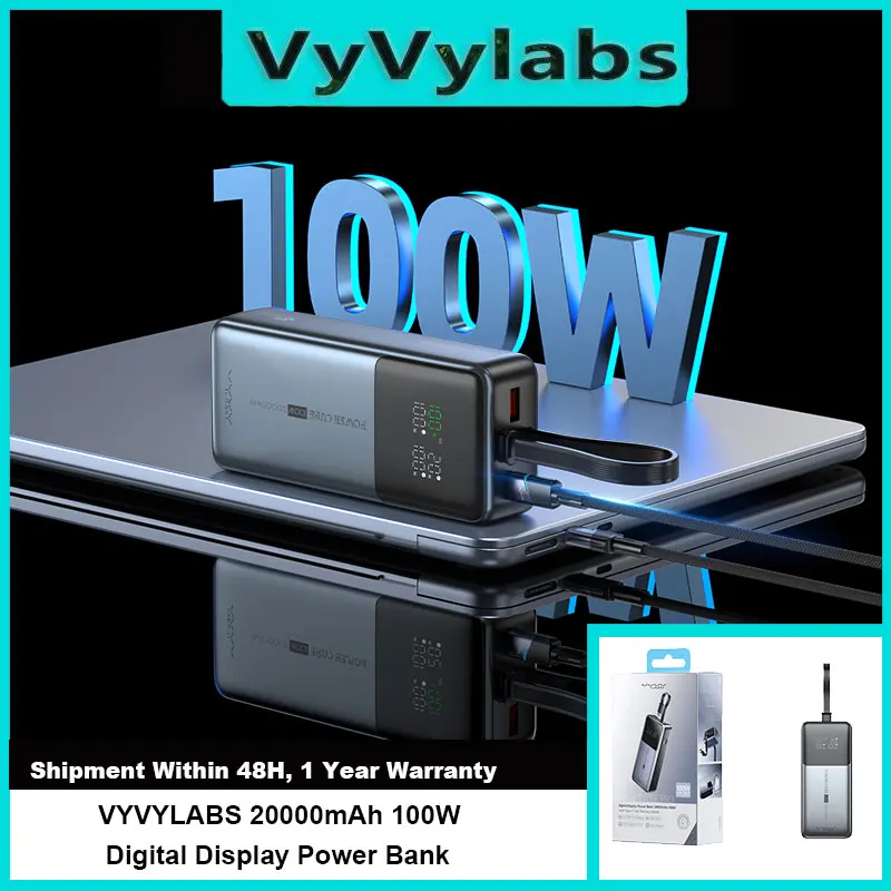 

VYVYLABS 20000mAh Power Bank 100W Digital Display Fast Charging Powerbank Portable External Battery Built-in Cable For iPhone
