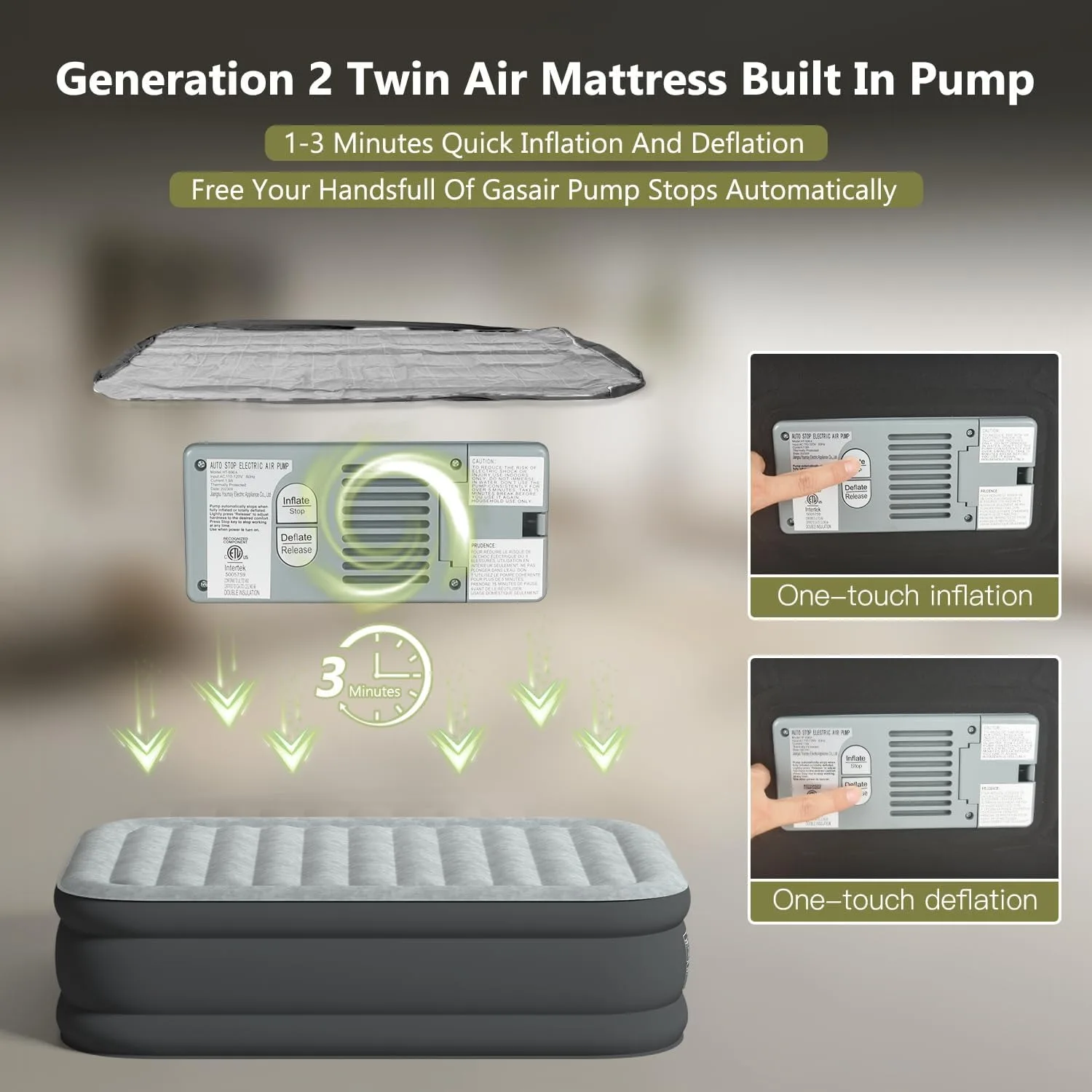 Twin Air Mattress 18 Inches High Deluxe Push Button to Start/Automatic Stop When Full of Air/1-3 Minutes Quick Inflate/Deflate